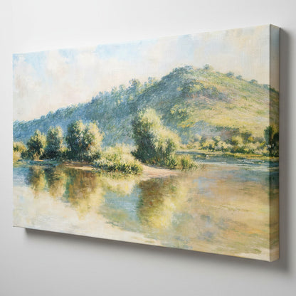 Impressionist landscape painting of a calm river with tree islands and a sunlit green hill under a pale sky, rendered in soft blue, yellow, beige, and green tones.