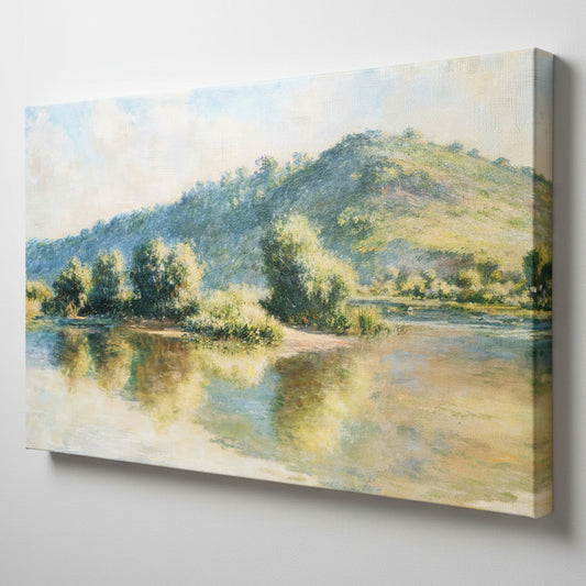 Impressionist landscape painting of a calm river with tree islands and a sunlit green hill under a pale sky, rendered in soft blue, yellow, beige, and green tones.