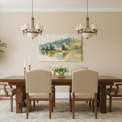 artwork of Isleets_Claud_Monet_Canvas_Print hanging in a beige dining room. light colours.