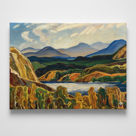 An oil painting of a mountain landscape with a lake, rendered in expressive brushstrokes of blue, green, yellow, and brown, shown as a rectangular canvas mounted on a light gray wall.