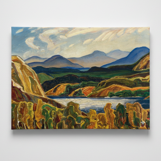 An oil painting of a mountain landscape with a lake, rendered in expressive brushstrokes of blue, green, yellow, and brown, shown as a rectangular canvas mounted on a light gray wall.