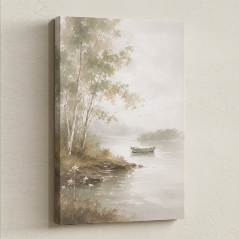 A canvas print of a white boat floating in a misty lake. Very calm neutral color scheme. 
