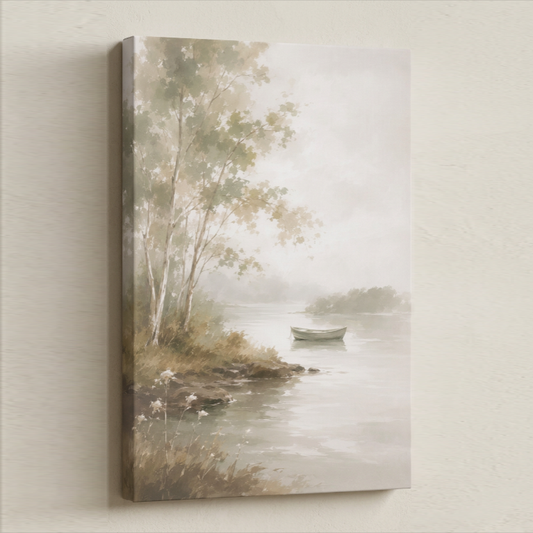 A canvas print of a white boat floating in a misty lake. Very calm neutral color scheme. 