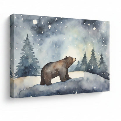 Framed artwork of a bear in a snowy landscape with trees and a starry sky, signed 'August Print Shop'.