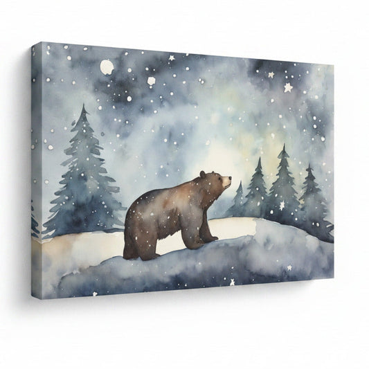 Framed artwork of a bear in a snowy landscape with trees and a starry sky, signed 'August Print Shop'.