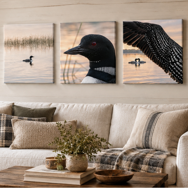 Three-panel wall art showing loon and duck scenes in a natural lake setting, displayed above a beige sofa in a styled living room. The top panel shows the artwork isolated on a beige wall, and the bottom panel shows the artwork installed in a real interior with a couch, pillows, window, and fireplace.