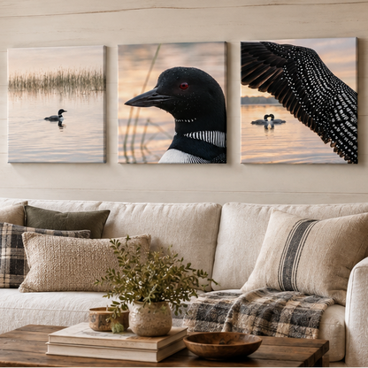 Three-panel wall art showing loon and duck scenes in a natural lake setting, displayed above a beige sofa in a styled living room. The top panel shows the artwork isolated on a beige wall, and the bottom panel shows the artwork installed in a real interior with a couch, pillows, window, and fireplace.
