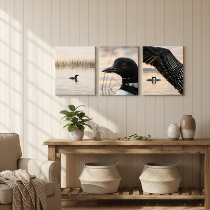 A three-panel canvas wall art set depicting loons in a natural marsh and water scene, displayed on a beige paneled wall above a rustic wooden console table in a styled living room setting.