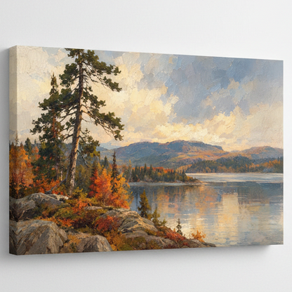 wrapped canvas wall art of a canadian lake with a mountain in the background. Scene is set in autumn. rich oranges and yellows in the short trees.