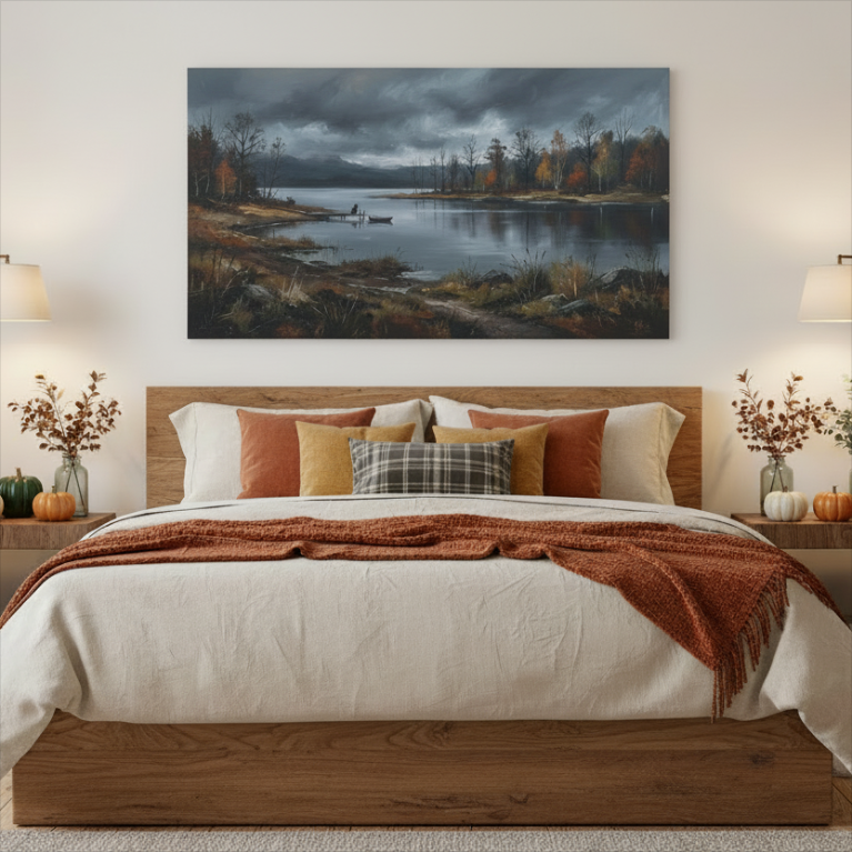 A large rectangular canvas print of a moody autumn lakeside landscape hangs above a wooden bed in a styled bedroom. The painting shows dark stormy skies, calm water, shoreline reeds, and trees with orange and brown foliage.