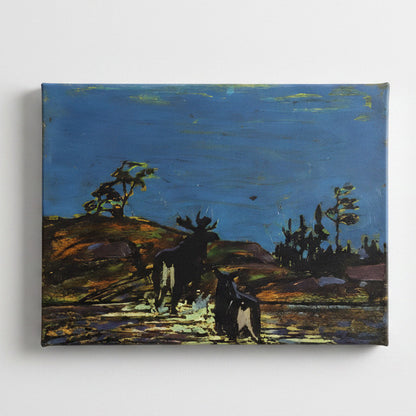 An impressionist landscape painting depicting two moose standing in shallow water near a grassy bank under a dark blue sky, rendered in textured brushstrokes of blue, brown, black, and yellow-green.
