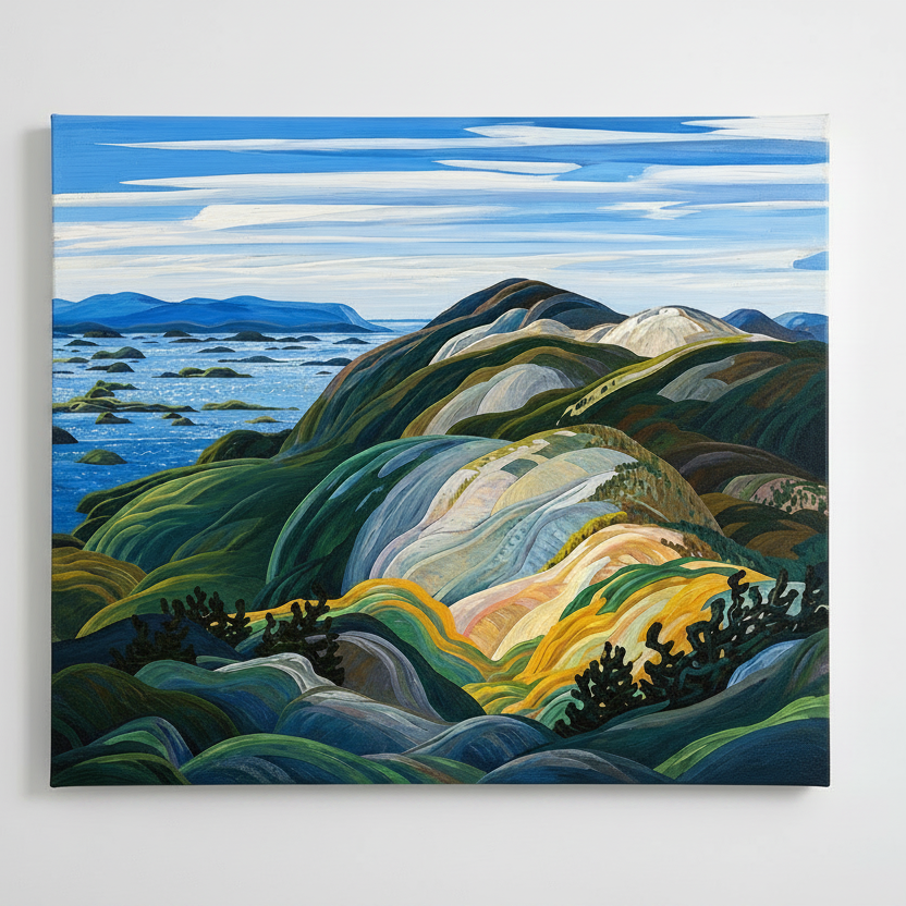A stylized landscape painting of coastal hills and islands under a blue sky, with layered green, blue, yellow, and cream tones and visible brushstrokes. The painting fills the frame, with a small artist signature and year in the lower right corner.