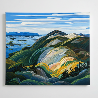 A stylized landscape painting of coastal hills and islands under a blue sky, with layered green, blue, yellow, and cream tones and visible brushstrokes. The painting fills the frame, with a small artist signature and year in the lower right corner.