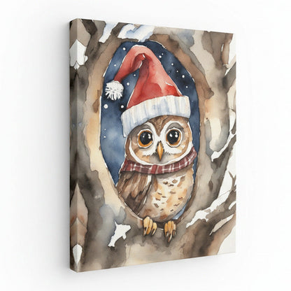 Illustration of an owl wearing a Santa hat and scarf in a tree, with 'August Print Shop' branding.