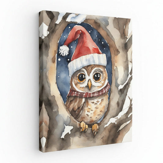 Illustration of an owl wearing a Santa hat and scarf in a tree, with 'August Print Shop' branding.