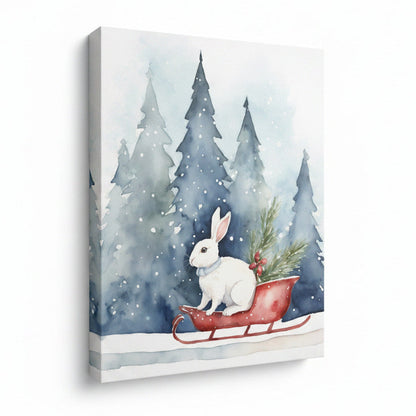 Canvas print with a winter scene featuring a rabbit on a sled, surrounded by trees and snow.