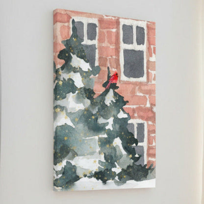 Canvas print of a winter scene with a tree and bird on a brick wall.