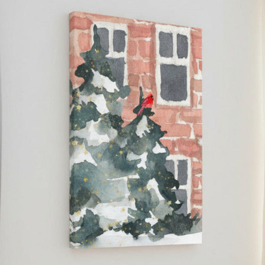 Canvas print of a winter scene with a tree and bird on a brick wall.