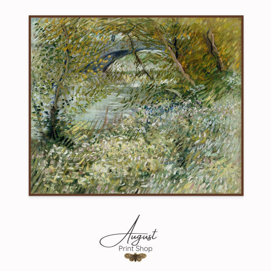 Framed painting of a natural landscape with trees and foliage, featuring the 'August Print Shop' logo.