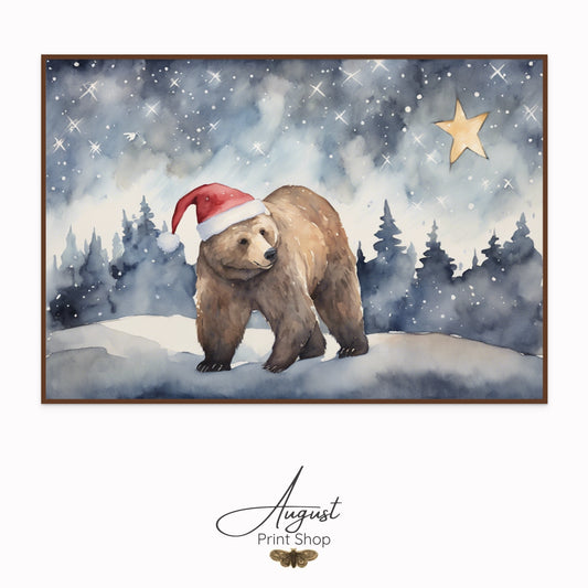 Illustration of a bear wearing a Santa hat with a star in the sky, from 'August Print Shop'.
