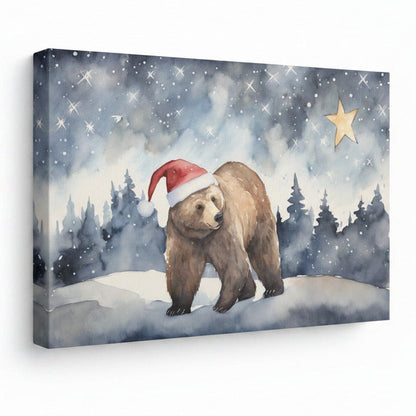 Illustration of a bear wearing a Santa hat with a star in the sky, from 'August Print Shop'.