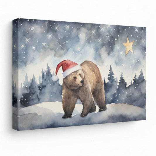 Illustration of a bear wearing a Santa hat with a star in the sky, from 'August Print Shop'.