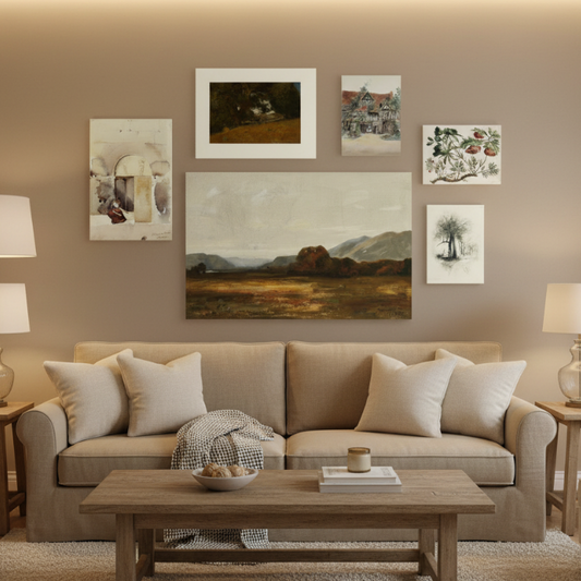 Living room with beige sofa, wooden coffee table, and wall art