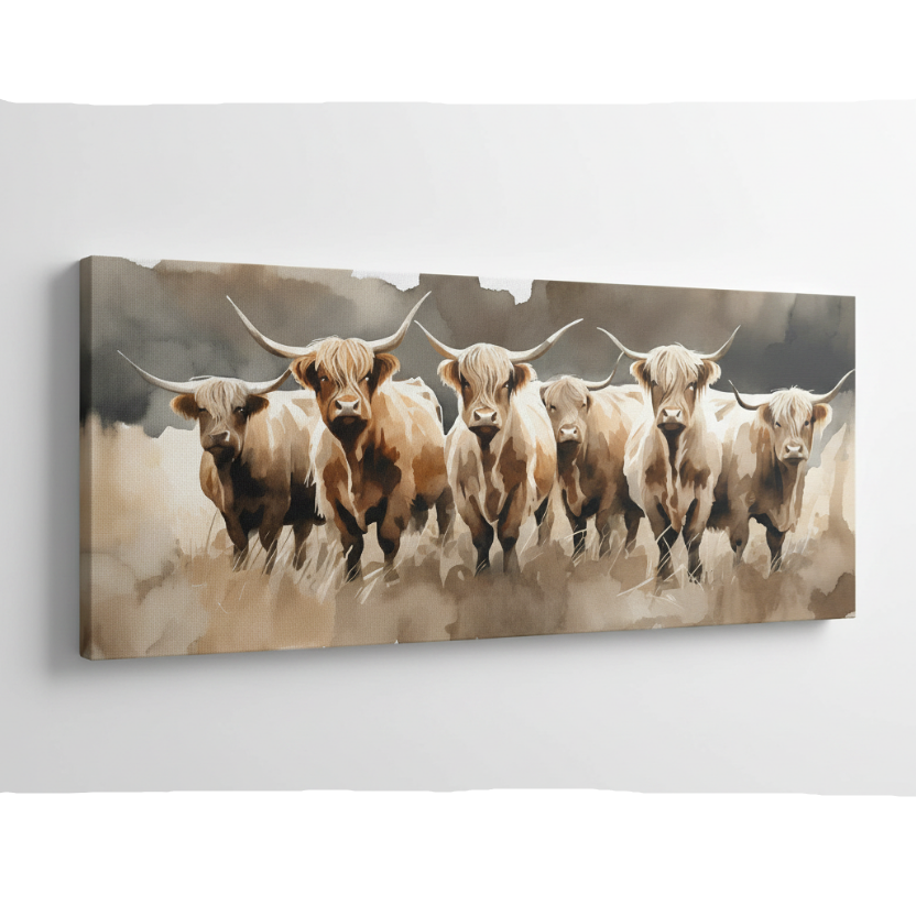 A stylized painting of six Highland cattle with long horns standing in a field, rendered in warm beige, brown, and cream tones against a smoky gray background.