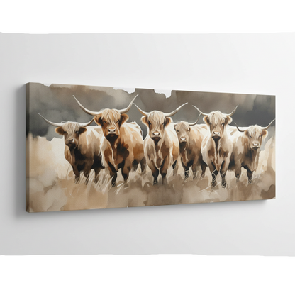 A stylized painting of six Highland cattle with long horns standing in a field, rendered in warm beige, brown, and cream tones against a smoky gray background.