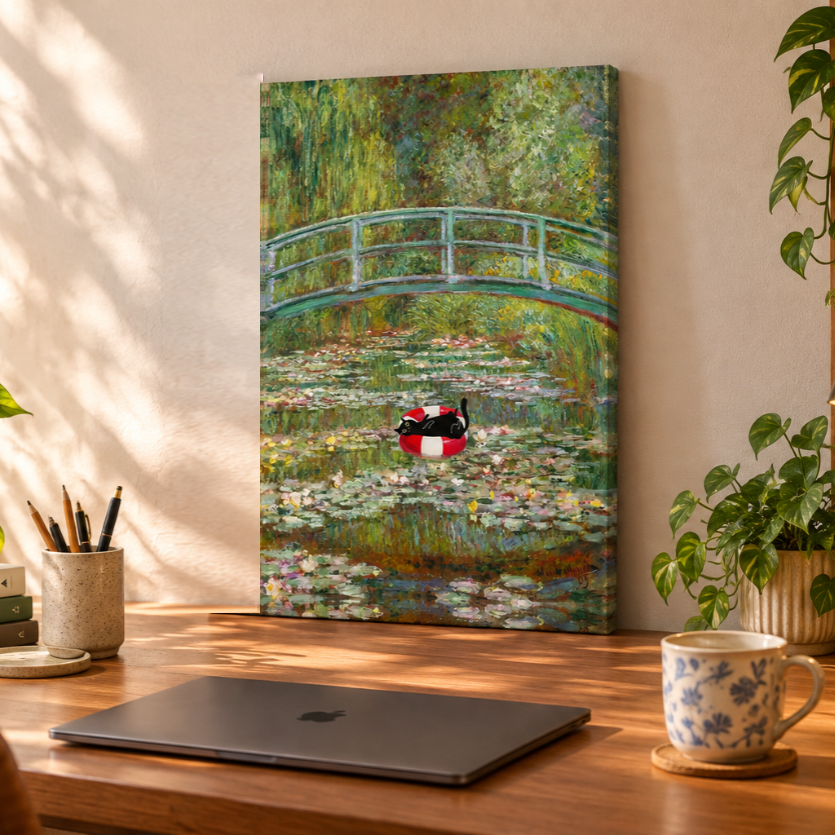 Monet’s Bridge over a pond of Lilies Black Cat Canvas