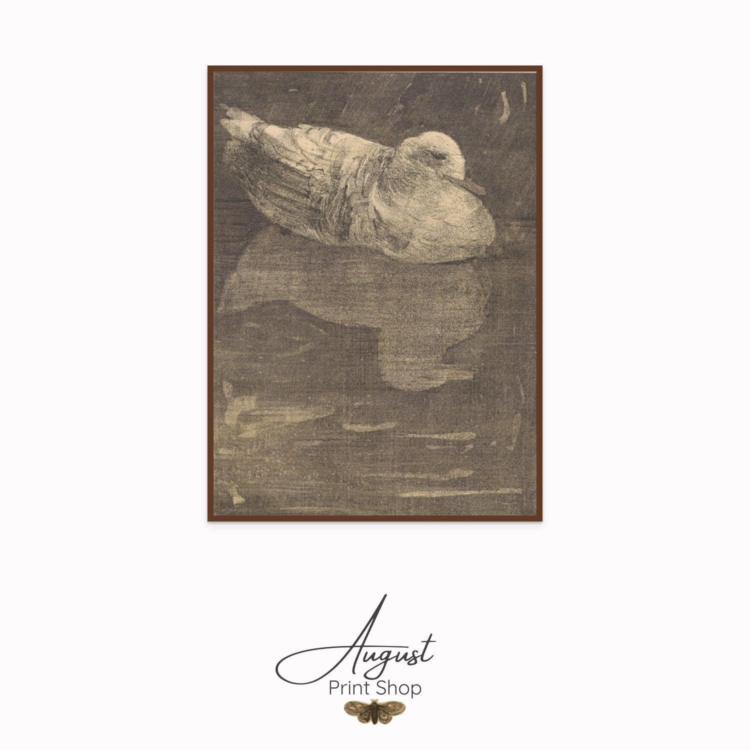 Framed artwork of a seagull on a white background with 'August Print Shop' branding.