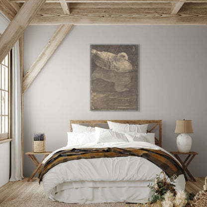Bedroom with wooden beams, a bed with white bedding, and a painting on the wall.