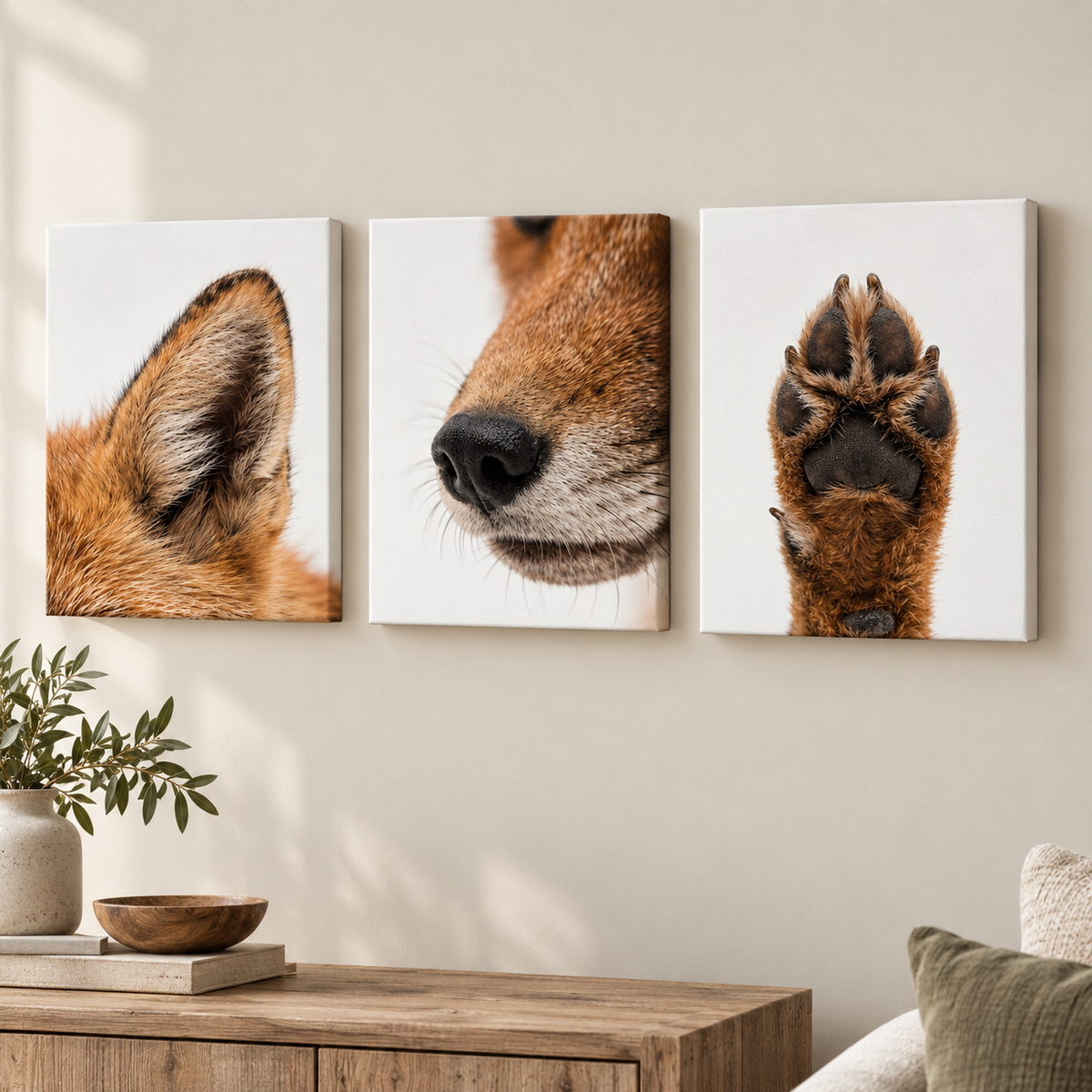 Three-panel canvas wall art showing close-up animal portraits of a fox, displayed on a beige wall above a wooden console table in a styled interior.