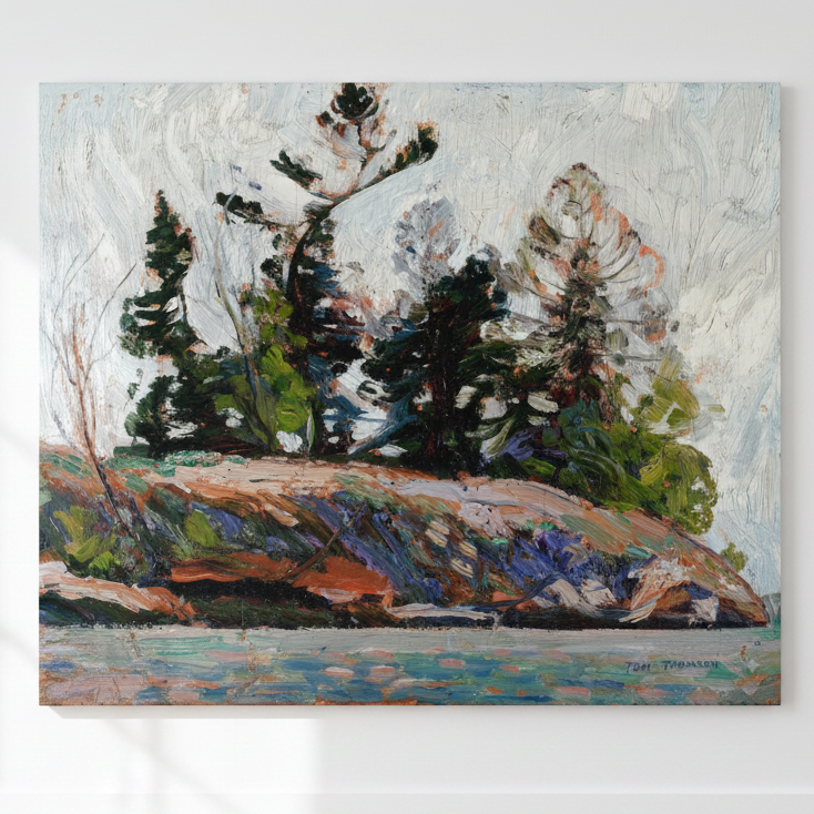 An impressionistic landscape painting of a rocky shoreline with dark evergreen trees, blue-green water, and a pale sky, signed Tom Thomson at the bottom right.