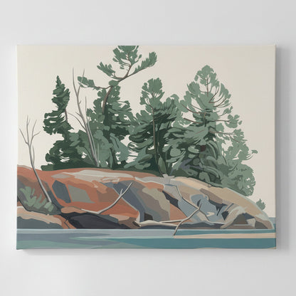 A stylized landscape artwork showing a rocky shoreline with evergreen trees, blue water, and a pale sky. The scene is rendered in broad blocks of color rather than photographic detail.