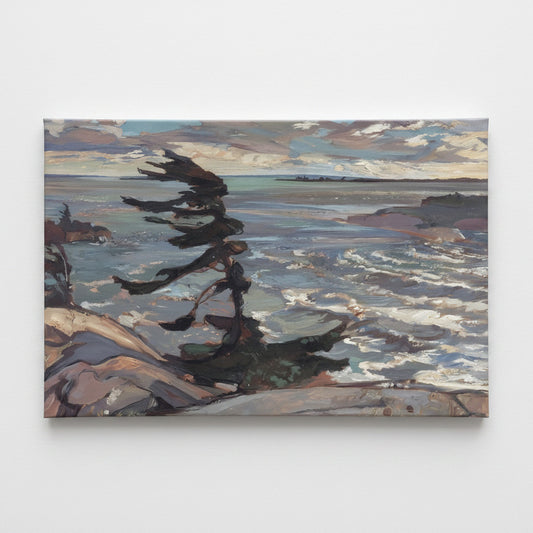An impressionistic painting of a rocky shoreline with turbulent water, dramatic clouds, and a dark, windswept tree in the foreground.