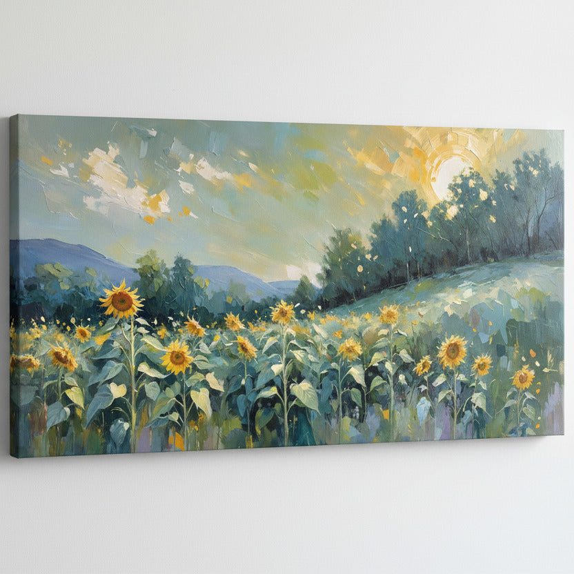 Impressionistic oil painting of a sunflower field under a bright glowing sky, with green trees, distant hills, and textured brushstrokes in yellow, green, blue, and cream.