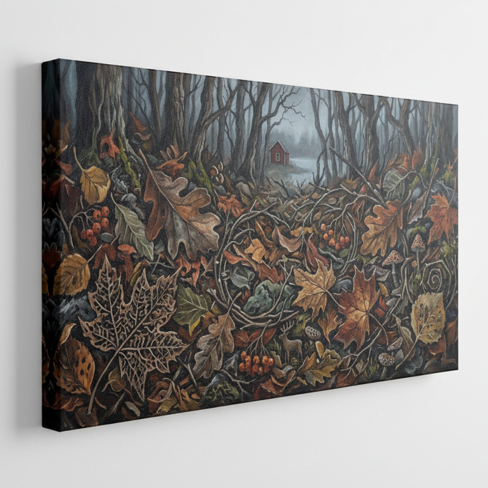 An autumn forest landscape painting featuring a dense layer of brown, orange, and yellow leaves, branches, and small red berries in the foreground, with bare trees and a small red cabin visible in the misty background.