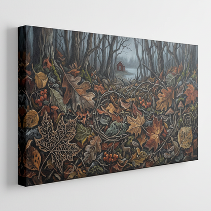 An autumn forest landscape painting featuring a dense layer of brown, orange, and yellow leaves, branches, and small red berries in the foreground, with bare trees and a small red cabin visible in the misty background.