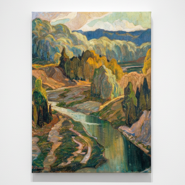 An impressionist landscape painting depicting a winding river flowing through a valley, surrounded by trees, hills, and mountains under a cloudy sky. The colors are rich and varied, including greens, blues, yellows, and browns, with visible brushstrokes throughout the artwork.