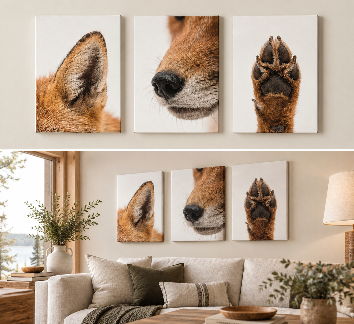 Three-panel canvas wall art showing close-up animal portraits of a fox, displayed above a sofa in a styled living room. The top panel shows the artwork alone on a beige wall, and the bottom panel shows the same wall art installed in a real interior with a couch, pillows, window, and plants.