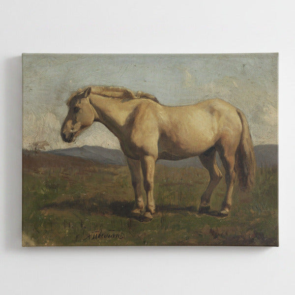 A cream white horse painted in the early 1800s stands in a vintage style. 