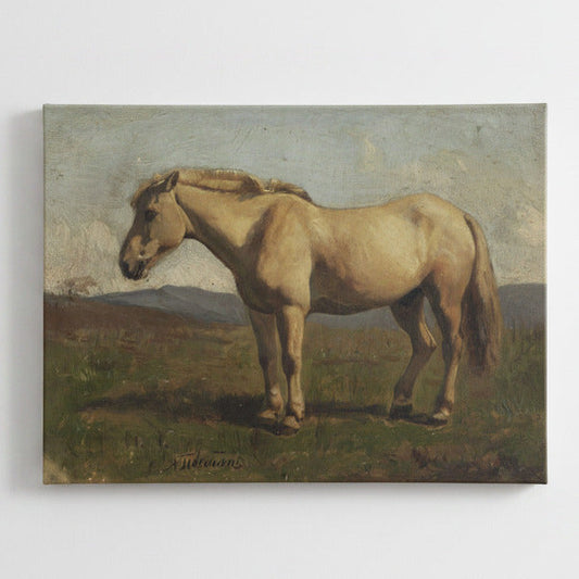 A cream white horse painted in the early 1800s stands in a vintage style. 