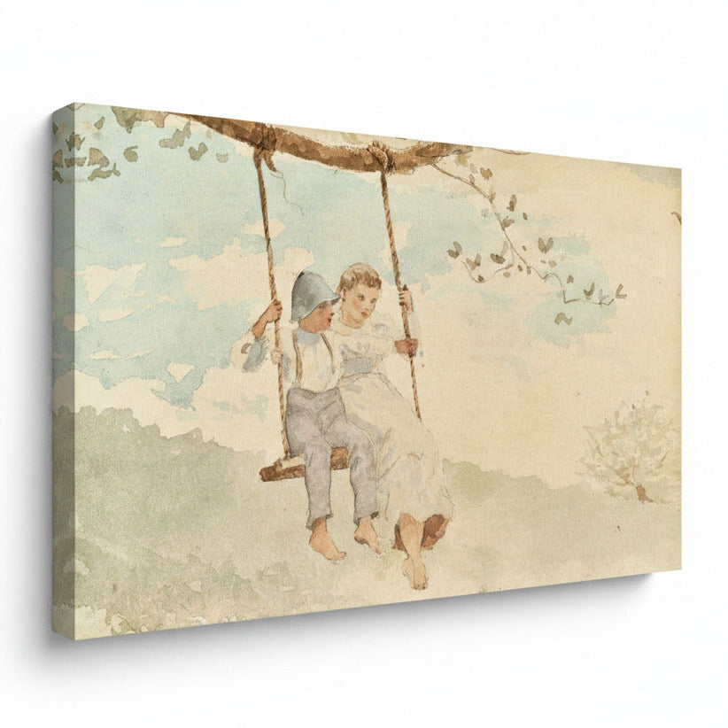 Boy and Girl on a swing vintage canvas wall decor