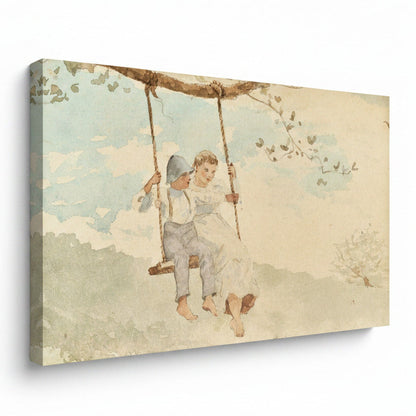 Boy and Girl on a swing vintage canvas wall decor