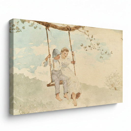 Boy and Girl on a swing vintage canvas wall decor