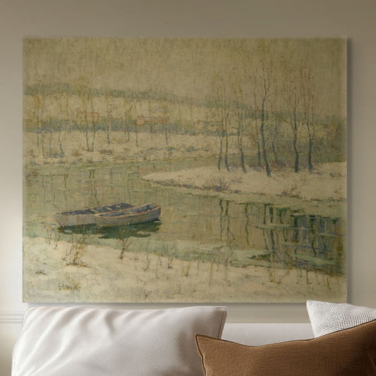 Sofa with decorative pillows and a painting of a landscape with a boat on the wall.