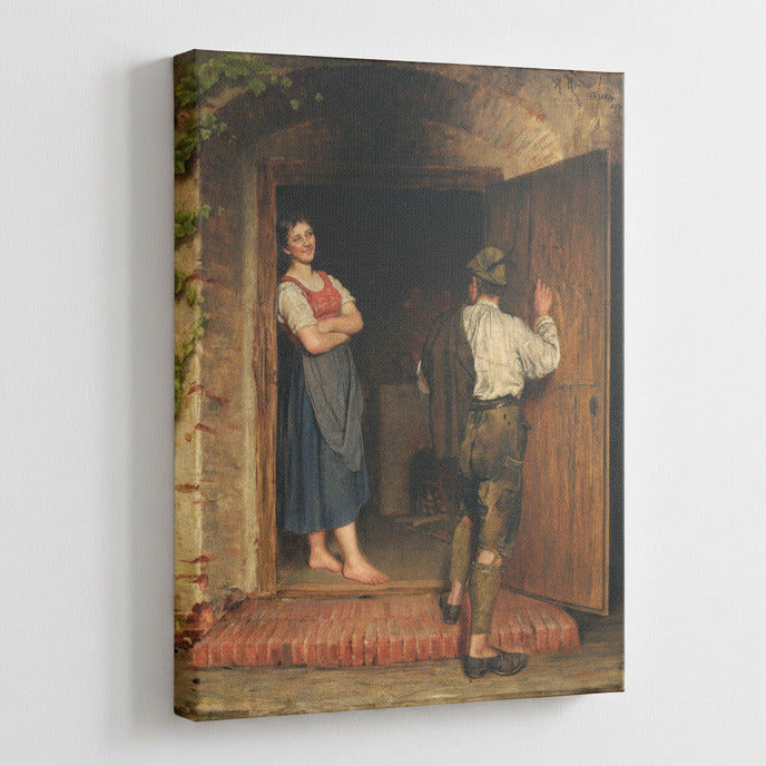 Painting of a woman standing at an open door with a man outside on a white background