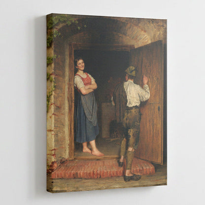 Painting of a woman standing at an open door with a man outside on a white background
