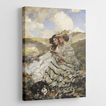 Canvas print of a painting featuring two women in dresses with a mountainous landscape.